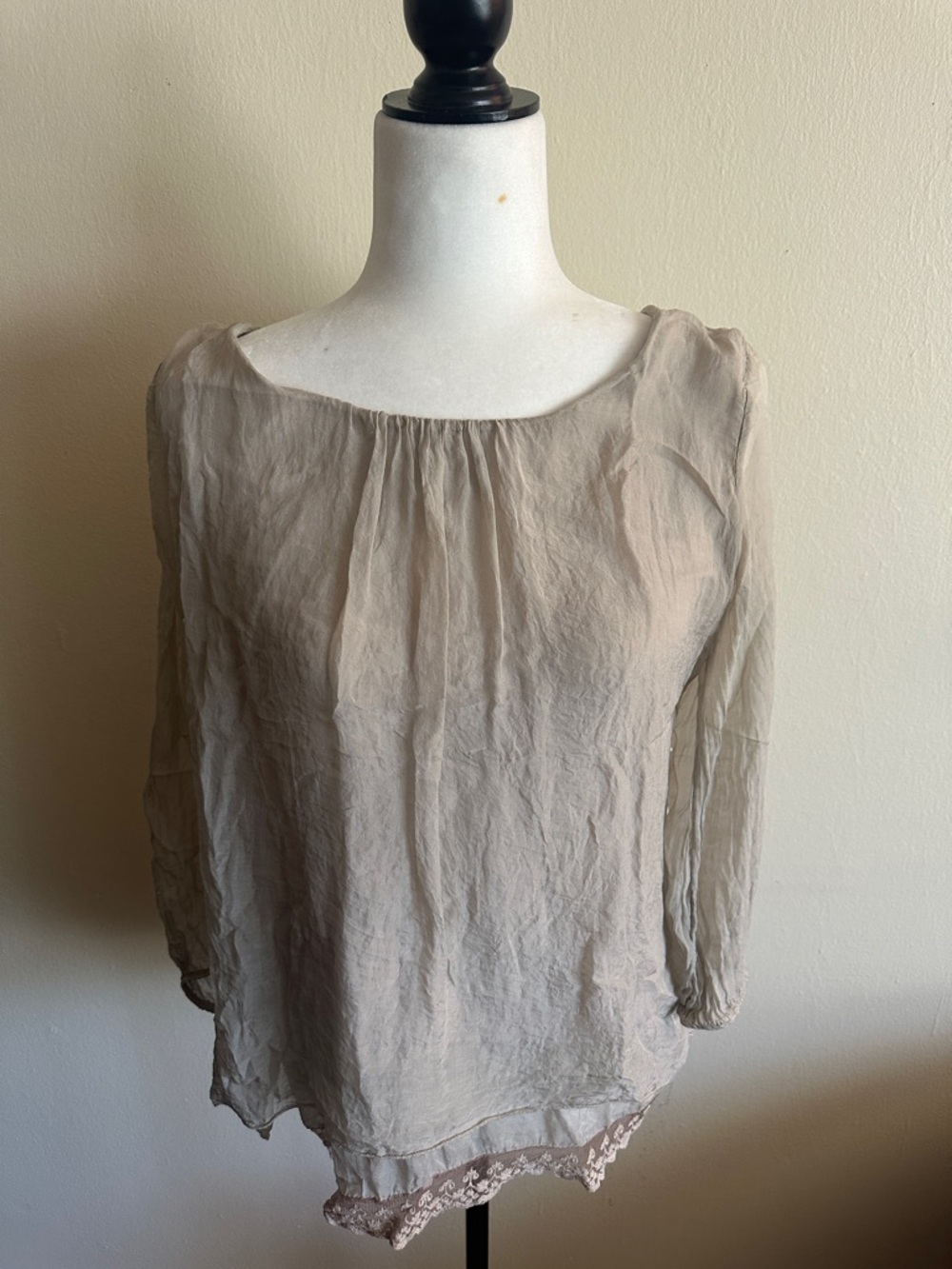 Light Taupe Sheer Long-Sleeve Blouse with Lace Trim